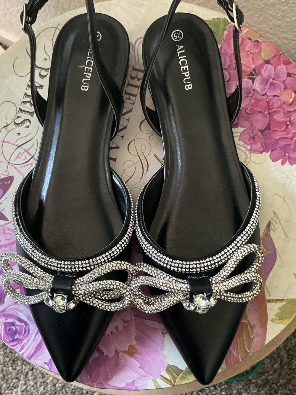 Alicepub Black Rhinestone Bow Pointed Slingback Flats